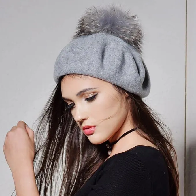 100% Wool Raccoon Fur With Detachable Pom Pom Beret