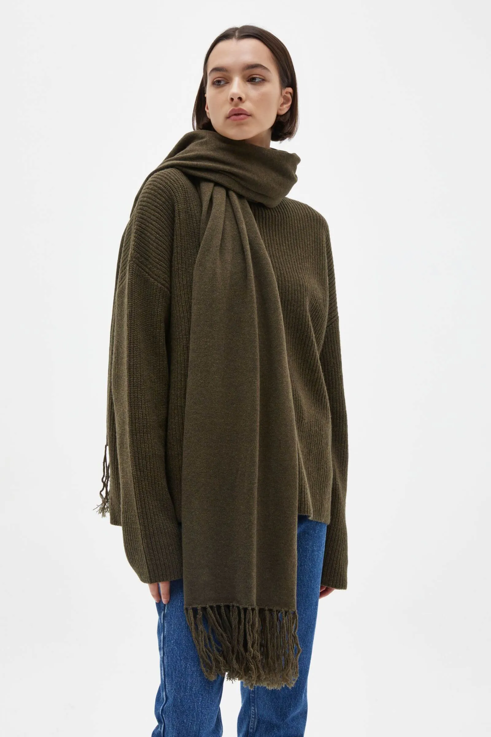 Assembly Label Longline Wool Scarf - Dark Olive