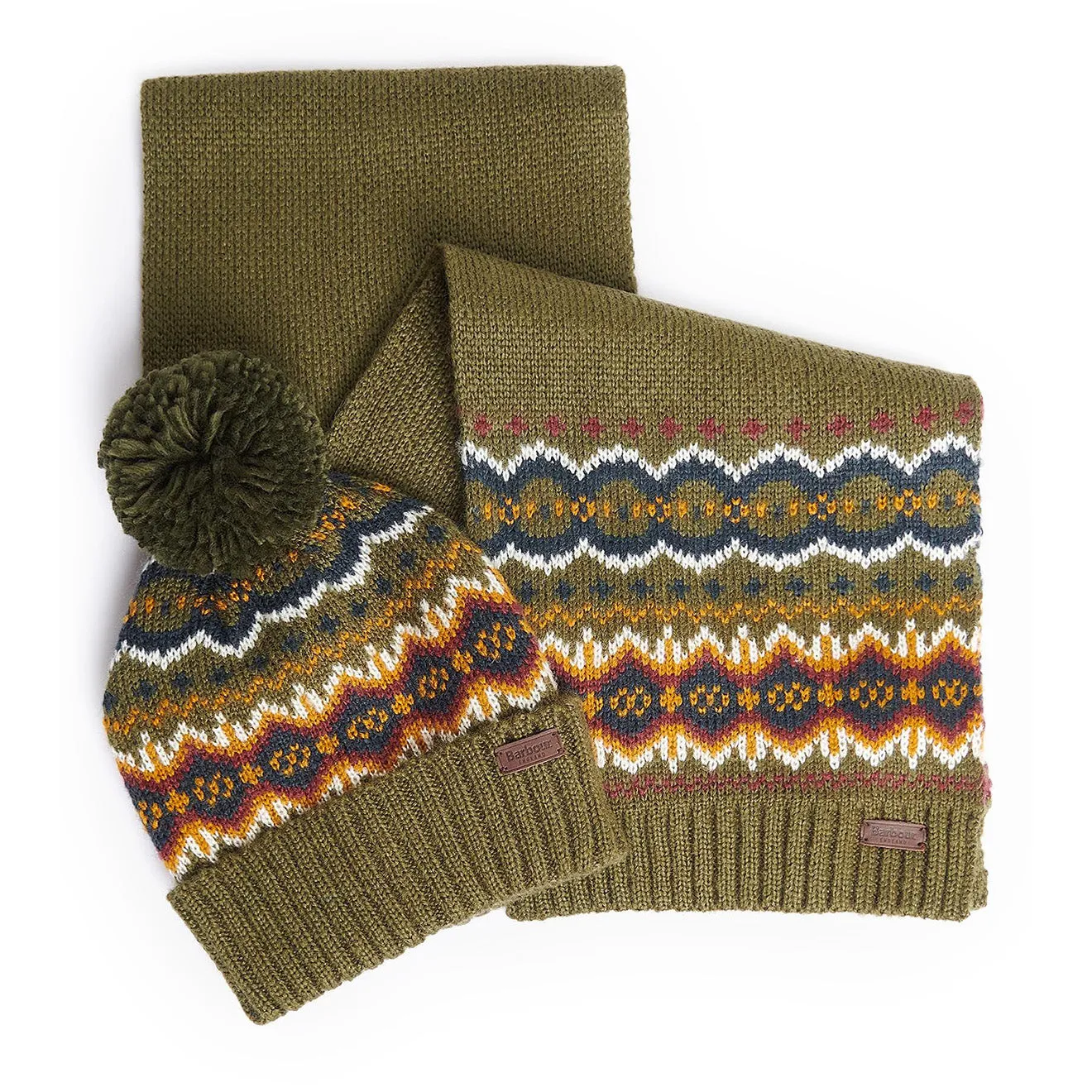 Barbour Fairisle Beanie & Scarf Gift Set Olive