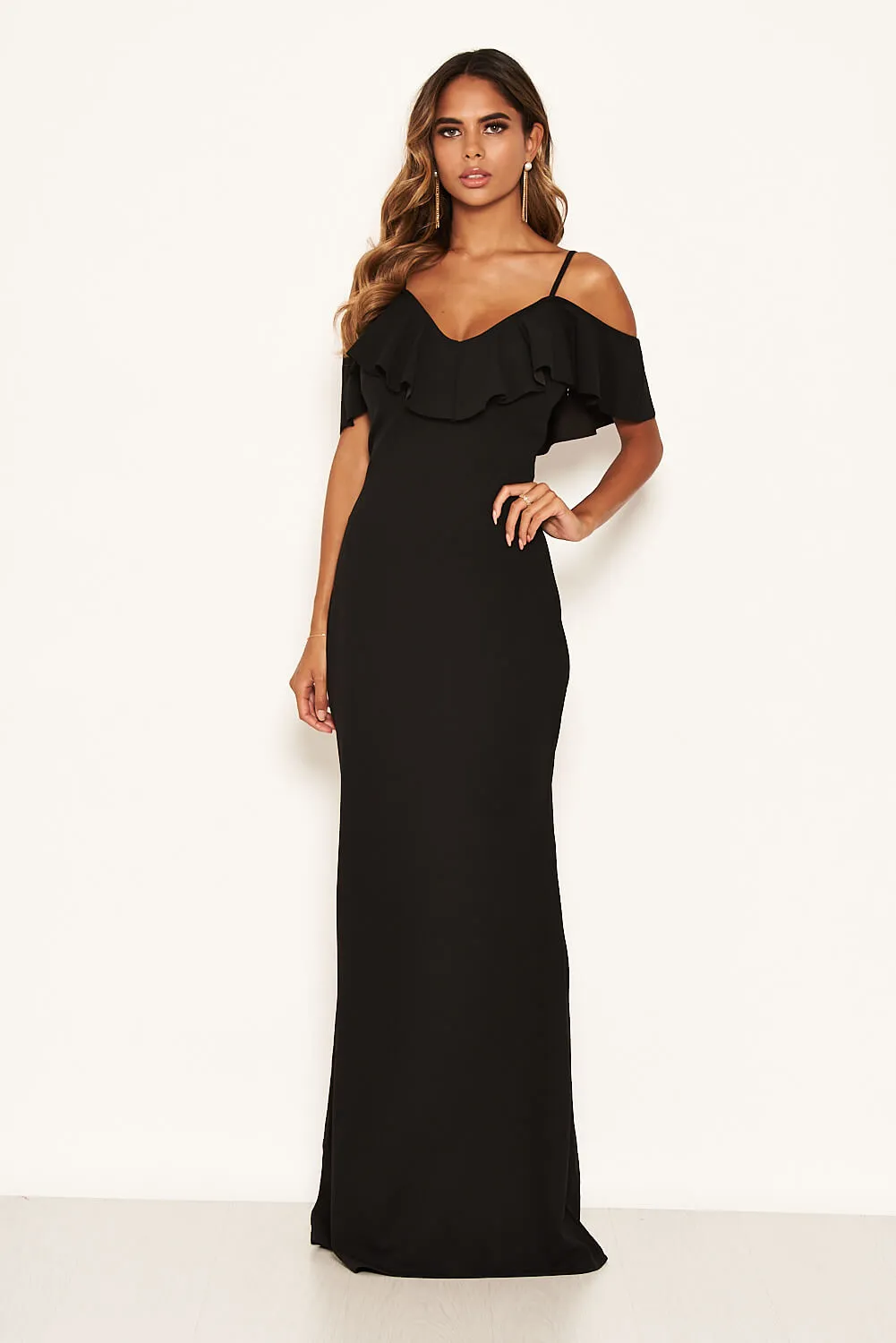 Black Frill Cold Shoulder Maxi Dress