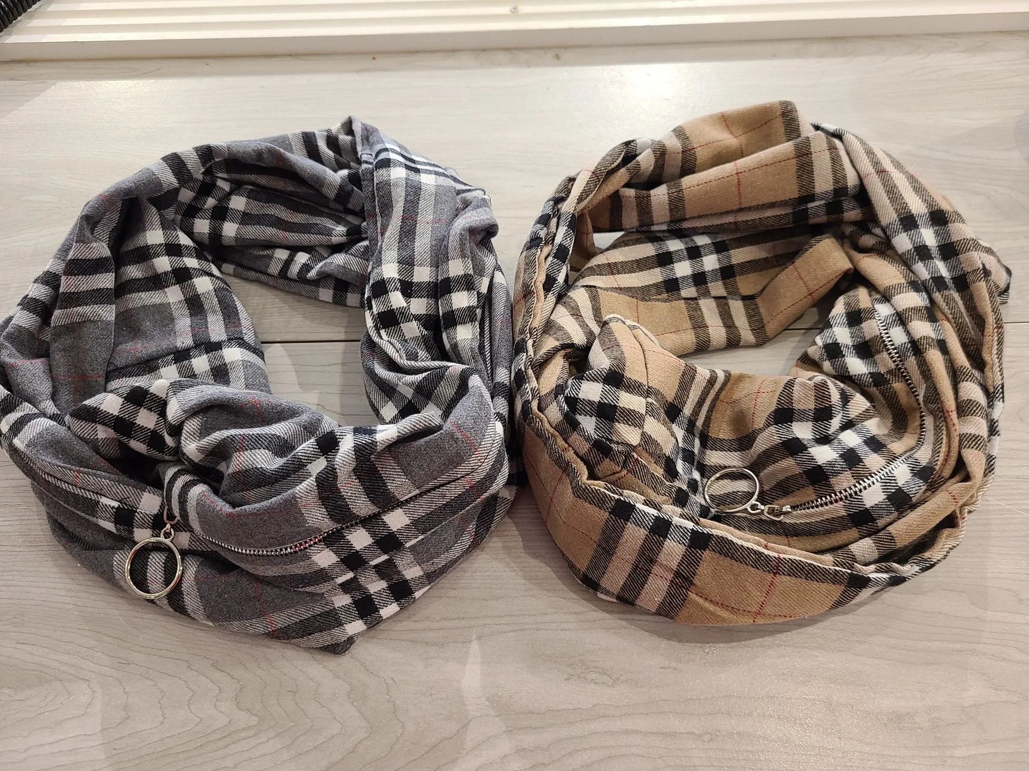 Charcoal Plaid Zipper Pocket Infinity Scarf