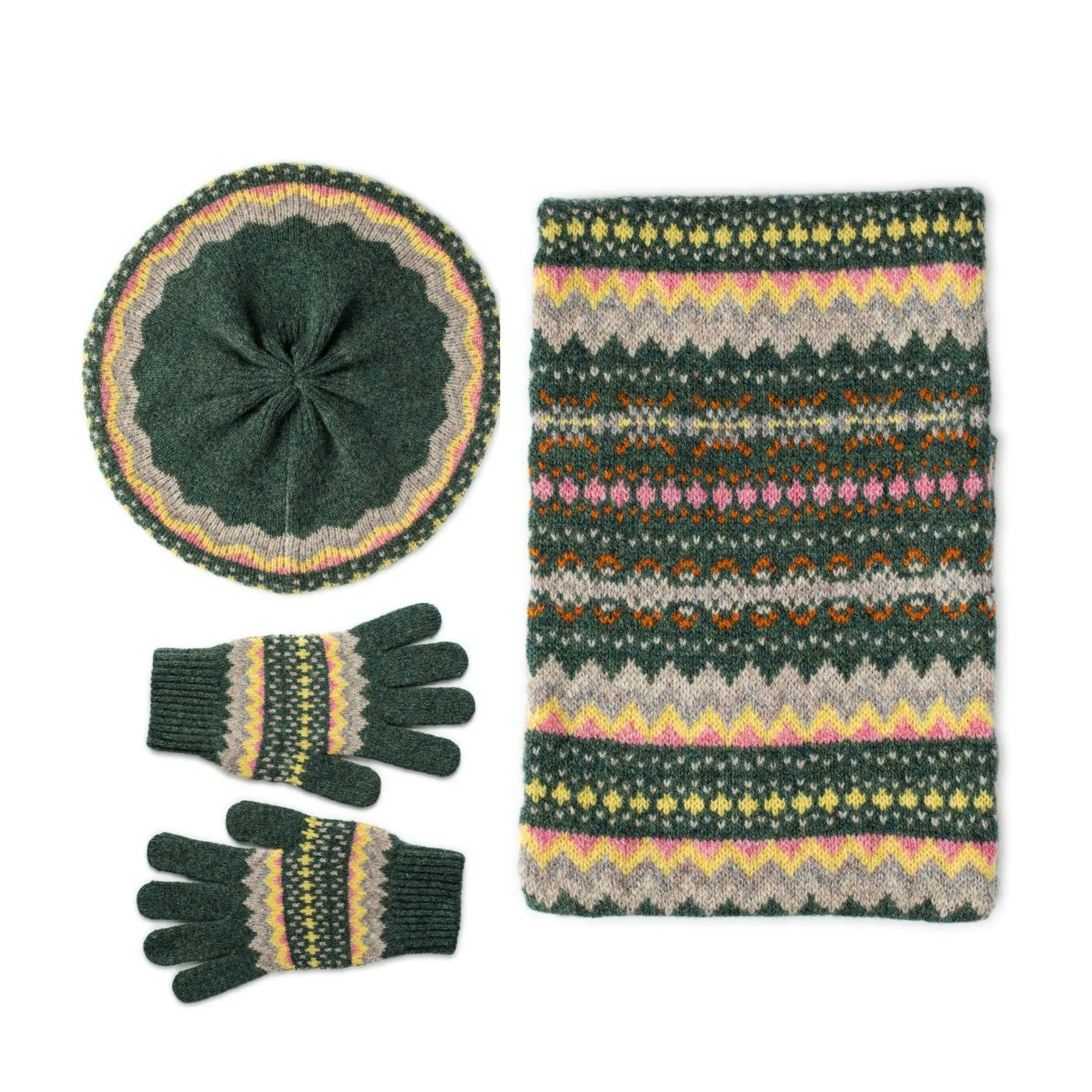 Fairisle Beret Gloves Scarf Set in Green | Hope | Lomond Lambswool