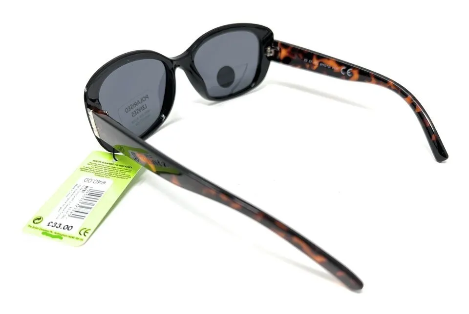 Ladies Sunglasses Polarised Lenses Chic Black Frame with Tortoiseshell Boots 0781