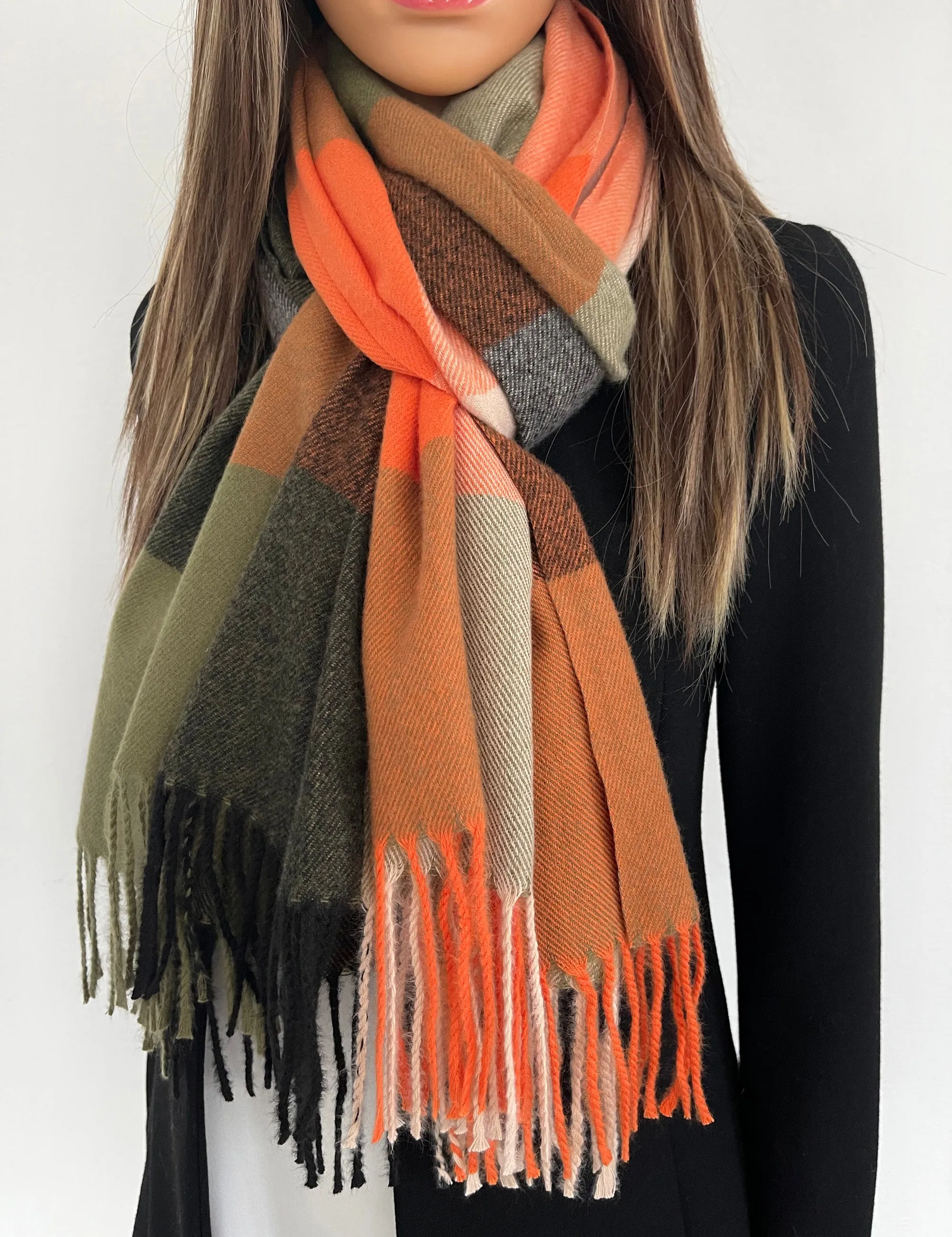 LONG ORANGE KHAKI GREEN WOOL MIX CHECKED TARTAN SCARF