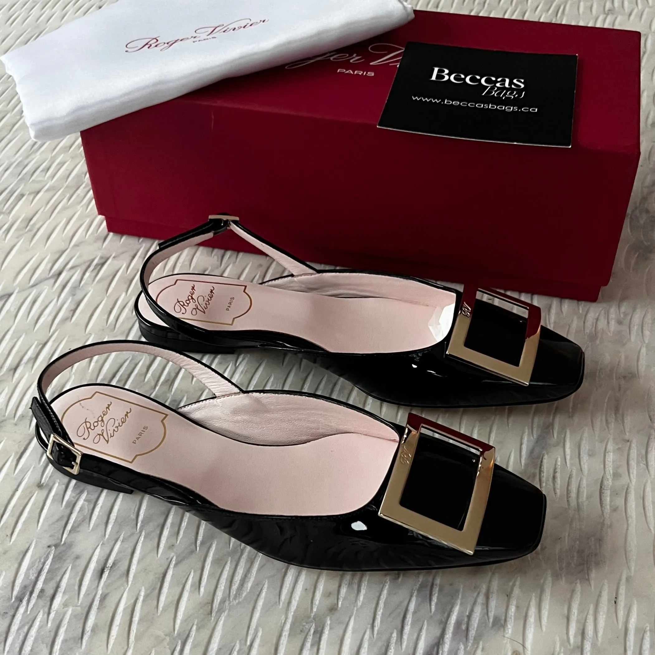 Roger Vivier Trompette Metal Buckle Slingback Ballerinas in Patent Leather