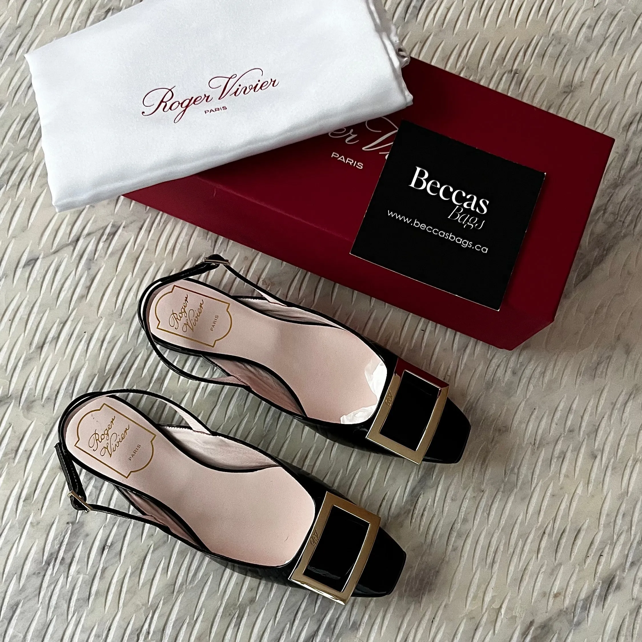 Roger Vivier Trompette Metal Buckle Slingback Ballerinas in Patent Leather