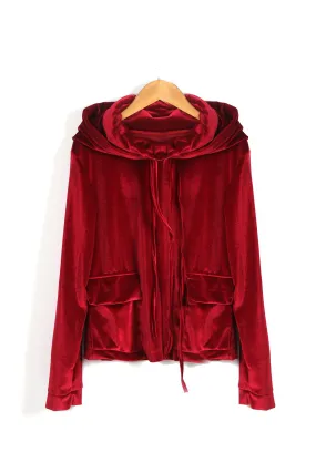 Wine Red Velvet Hooded Sweatshirt